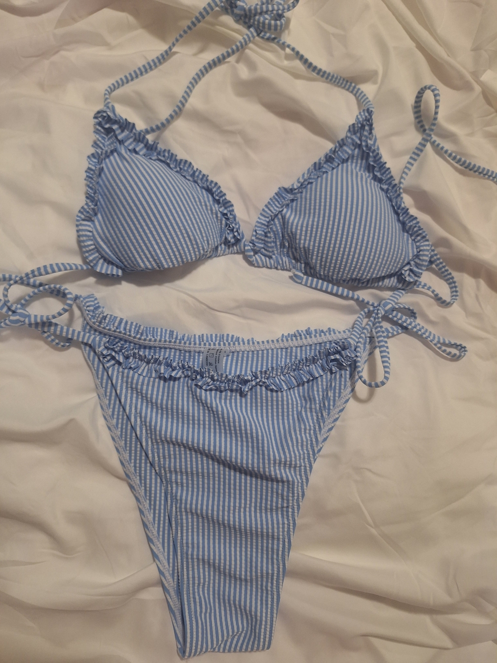 SHEIN Blue and White Striped Ruffle Triangle Bikini